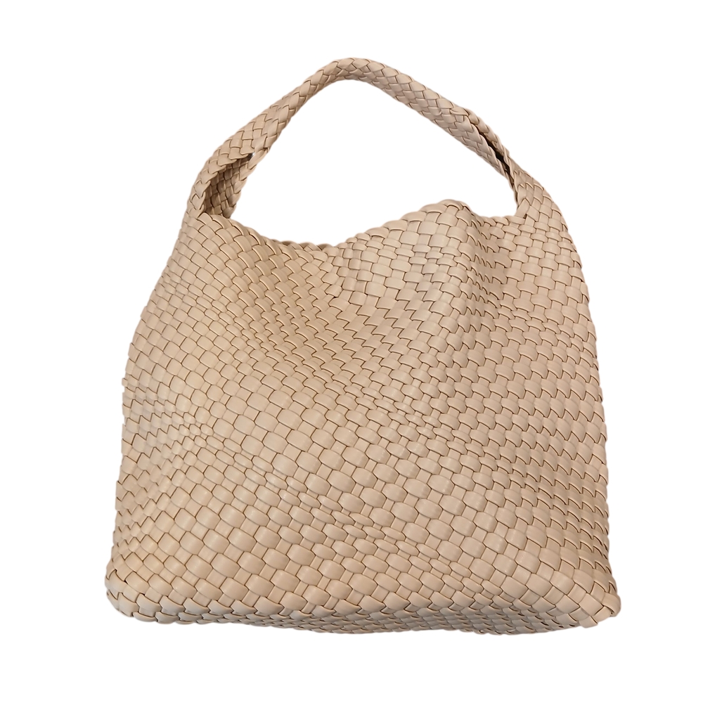 NEW Woven Tan Large Handbag Faux Leather Neutral Magnetic Closure Matching Case